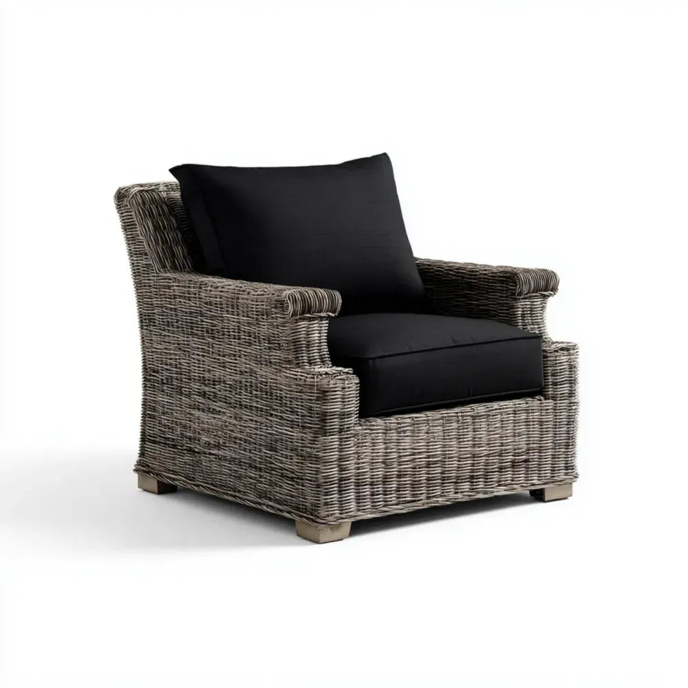 Outdoor Patio Lounge Chair - Wicker 75x80x90 cm Black Cushion - Rustic Style