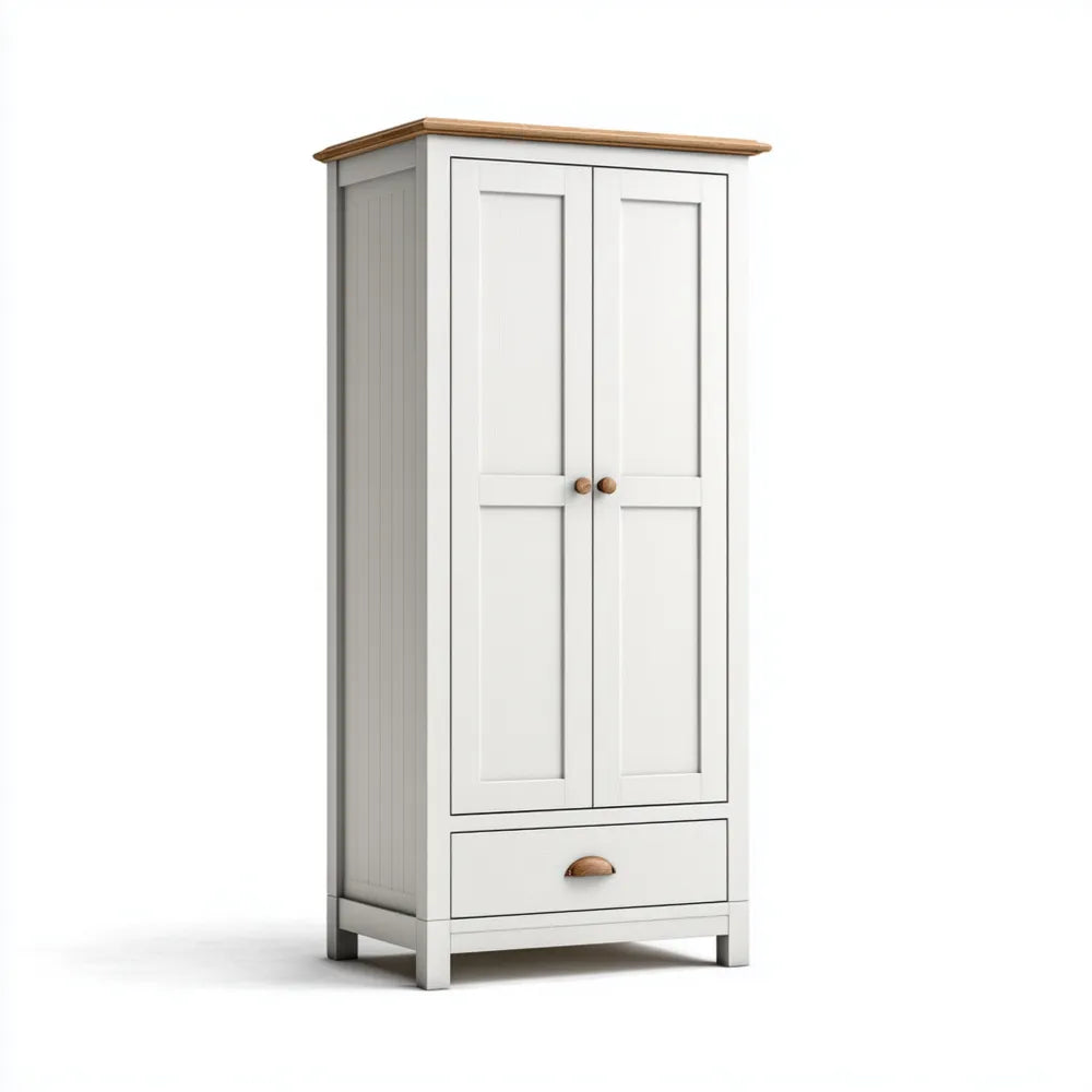 Wardrobe Two-Door with Drawer White Wood 195x85x40 cm – Classic Design