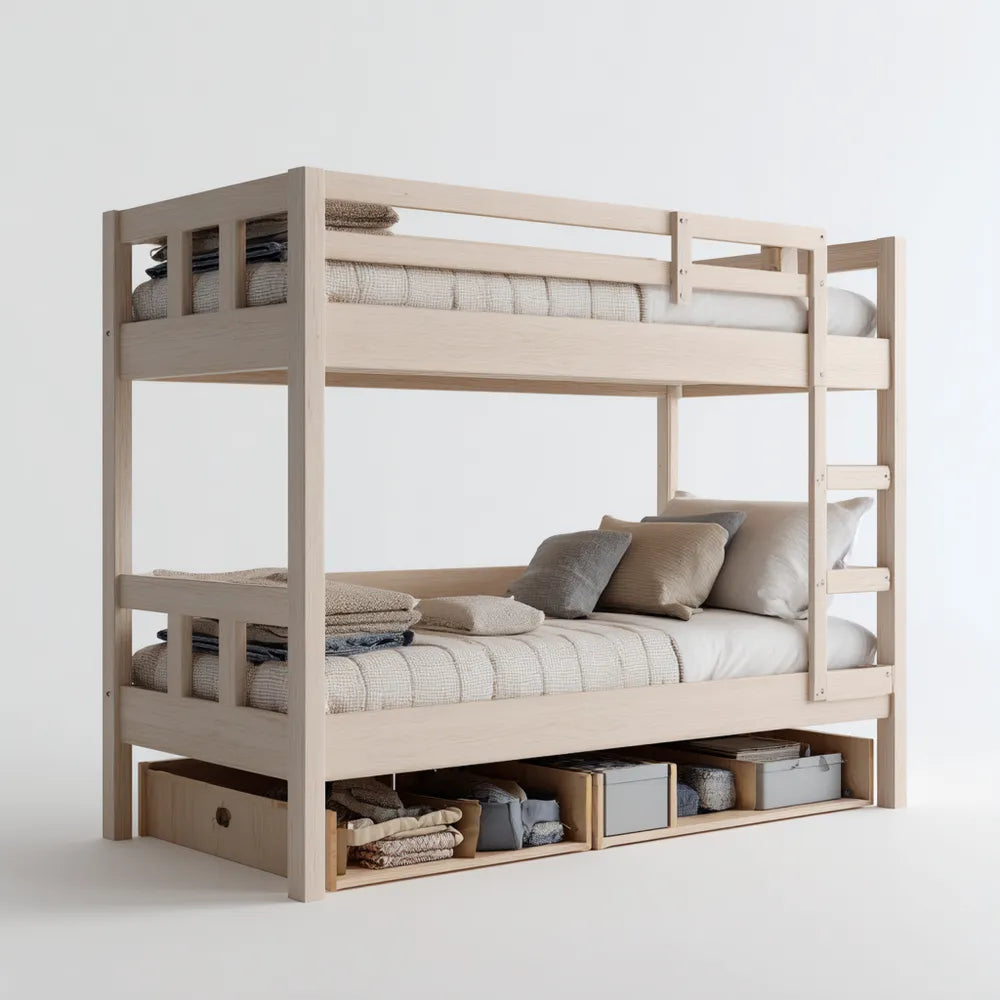 Wooden Bunk Bed 200x100x160 cm with Storage - Natural Finish