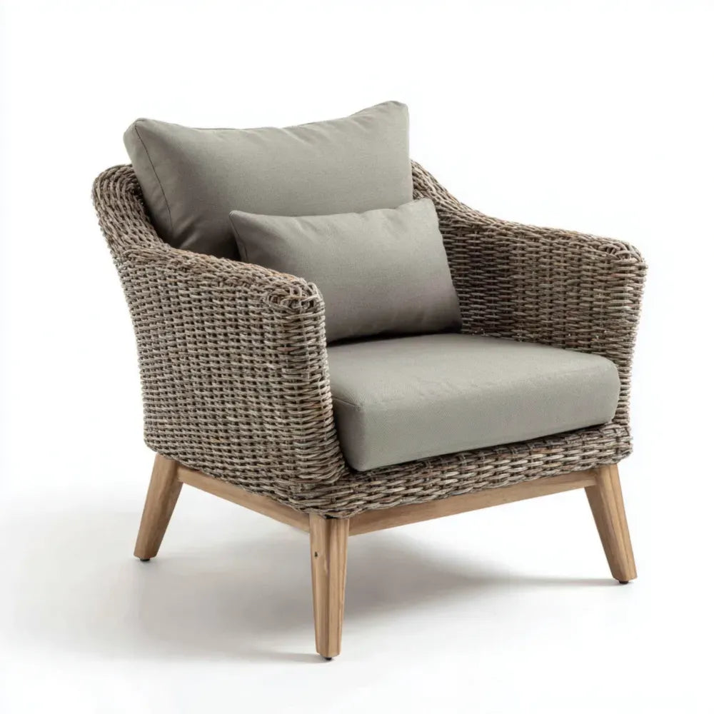 Patio Lounge Chair - Woven Rattan with Cushions - Beige - Modern Design 80x75x85 cm