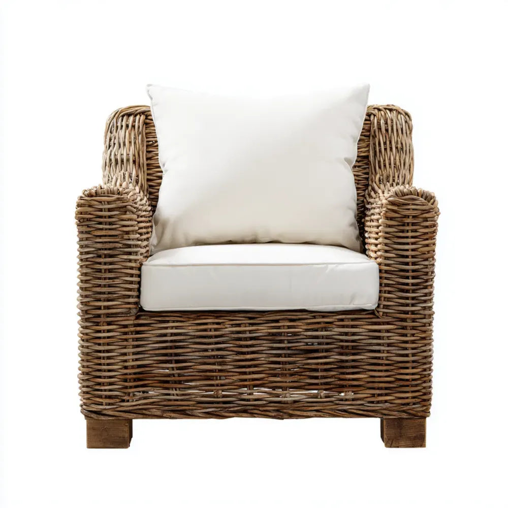 Patio Lounge Chair 33.5x29.5x31.5 Inches Wicker Frame Cushion Included - Natural Brown/White - Outdoor Comfort